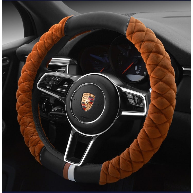 Steering Wheel Cover with Plush Quilted Diamond Pattern and Textured Grip for Car 38cm Round