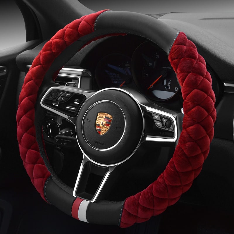 Steering Wheel Cover with Plush Quilted Diamond Pattern and Textured Grip for Car 38cm Round