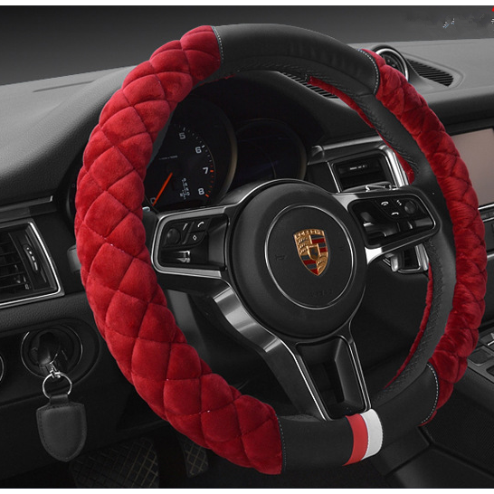 Steering Wheel Cover with Plush Quilted Diamond Pattern and Textured Grip for Car 38cm Round