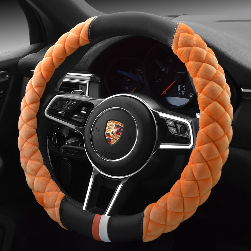 Steering Wheel Cover with Plush Quilted Diamond Pattern and Textured Grip for Car 38cm Round