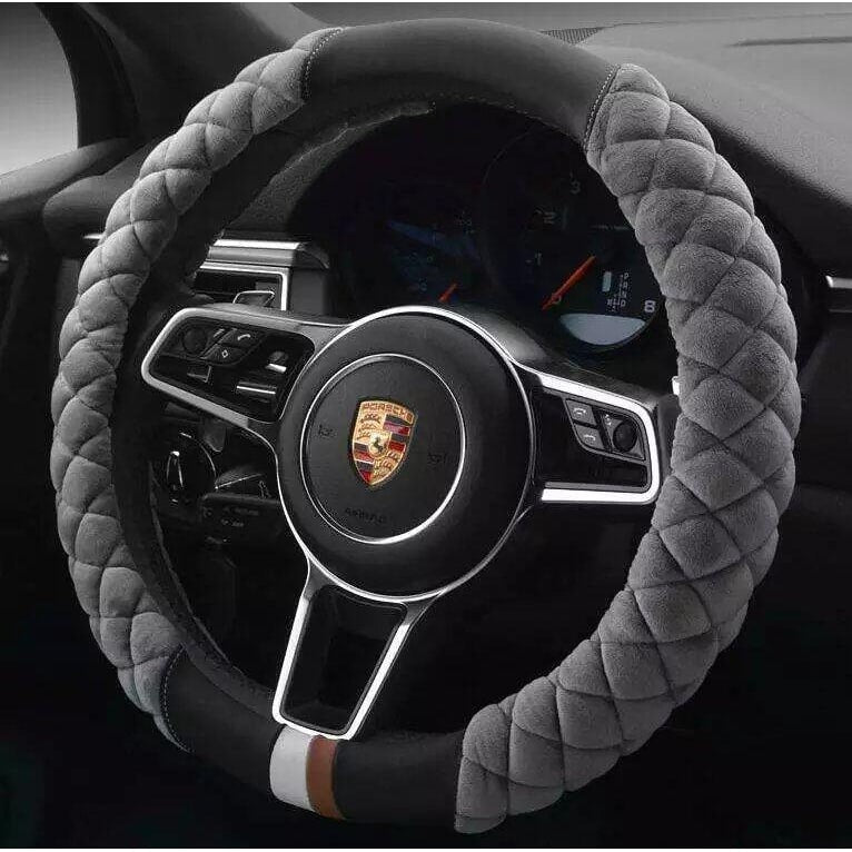 Steering Wheel Cover with Plush Quilted Diamond Pattern and Textured Grip for Car 38cm Round