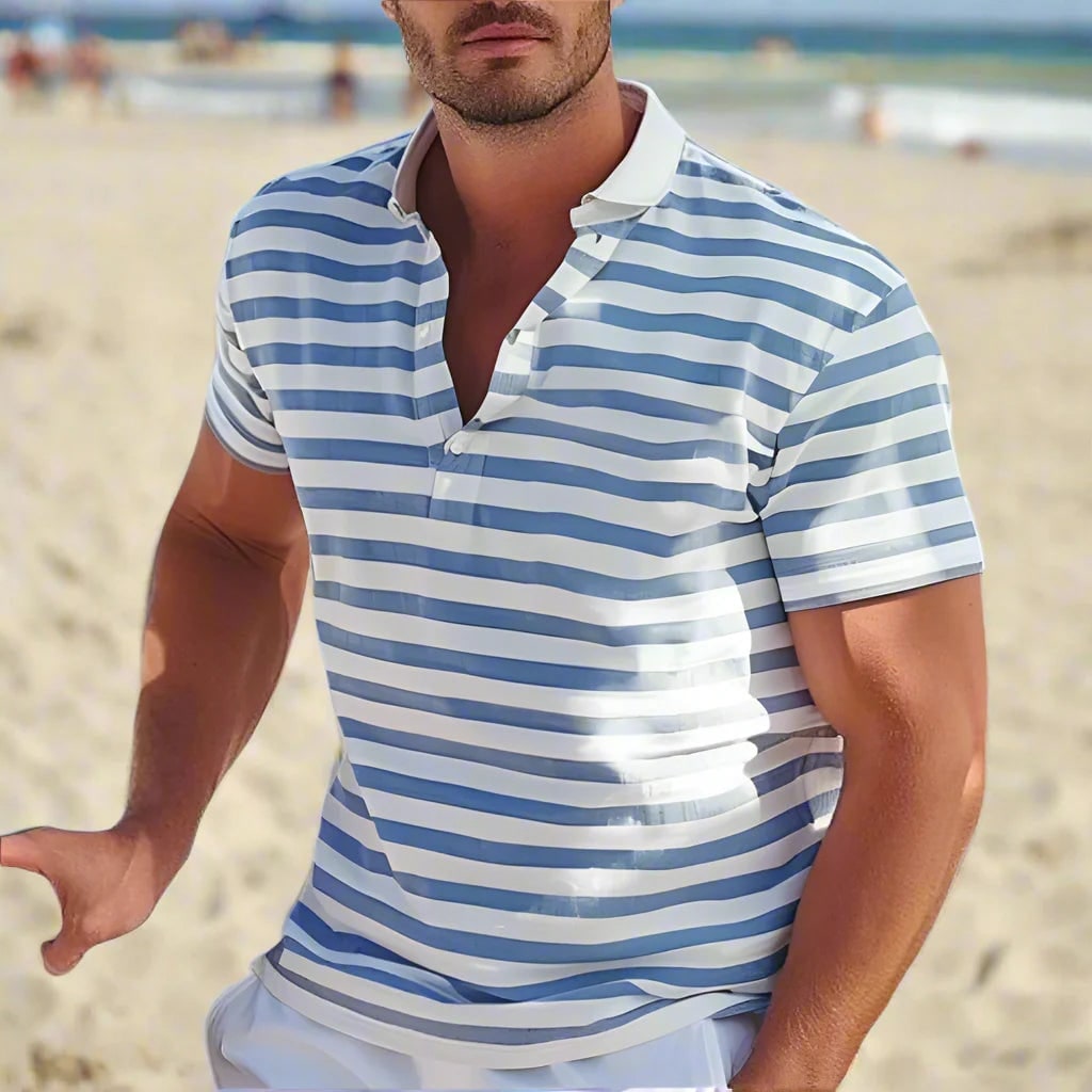 Striped Polo Shirt Mens Short Sleeve Casual Button Up Collar Regular Fit