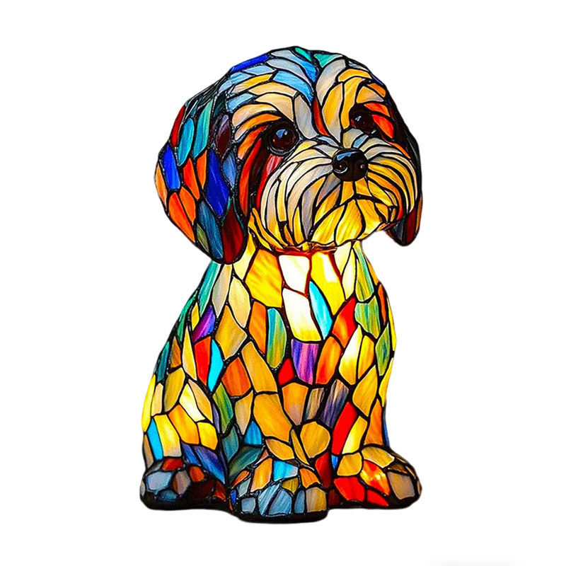 Table Lamp Animal Dog Stained Glass Mosaic Resin Illuminated Night Light