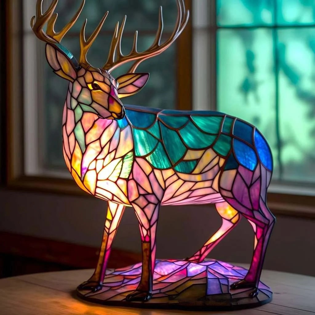 Tiffany Style Stained Glass Animal Table Lamp with Mosaic Panels