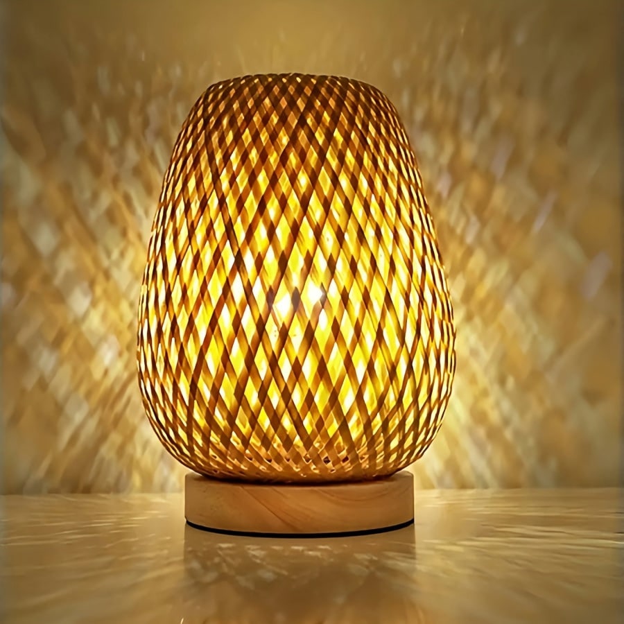 Bamboo Woven Table Lamp Bedside Light with USB Power and Dimmable Control Powered