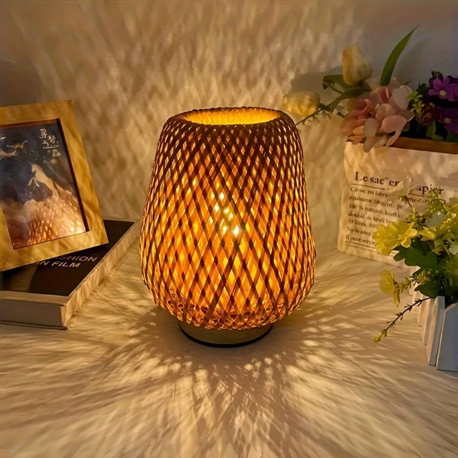 Bamboo Woven Table Lamp Bedside Light with USB Power and Dimmable Control Powered