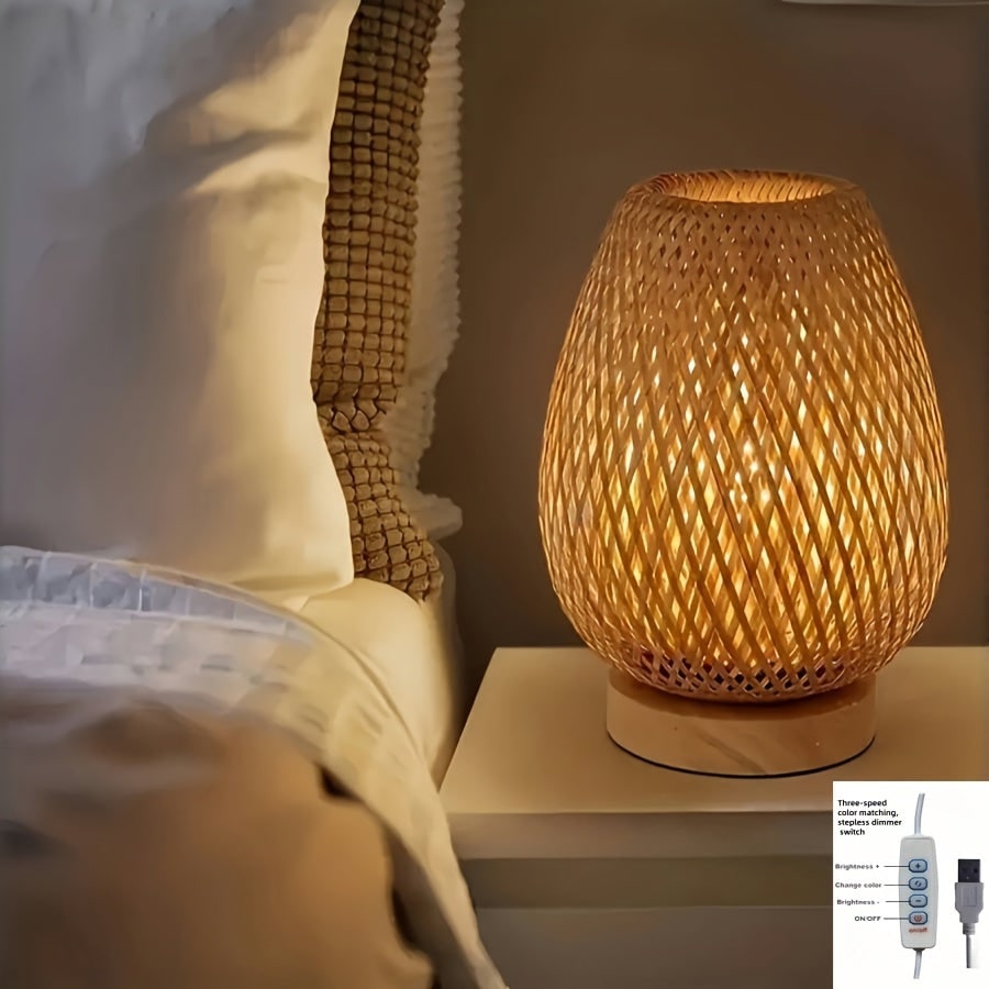 Bamboo Woven Table Lamp Bedside Light with USB Power and Dimmable Control Powered