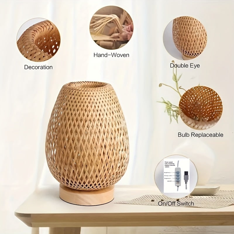 Bamboo Woven Table Lamp Bedside Light with USB Power and Dimmable Control Powered