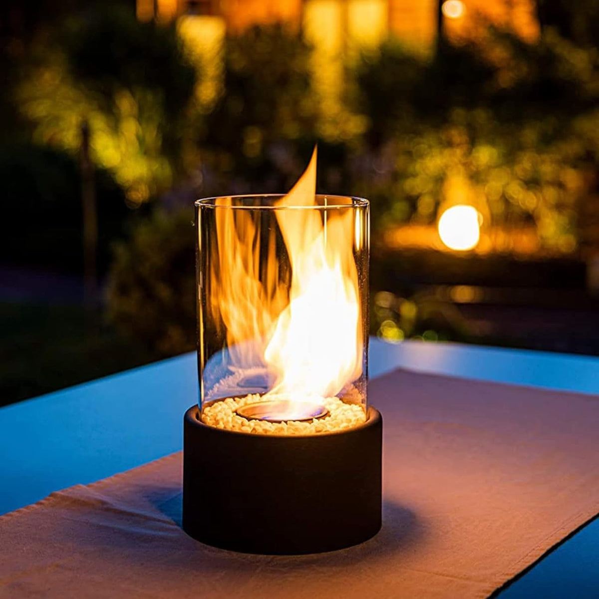 Tabletop Fire Pit Fireplace Bioethanol Glass Cylinder Pebbles Portable Ethanol