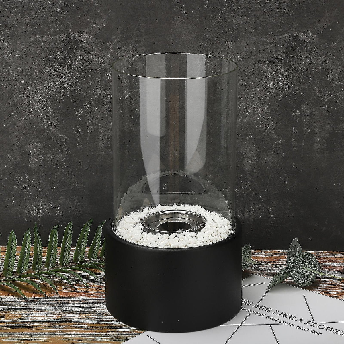Tabletop Fire Pit Fireplace Bioethanol Glass Cylinder Pebbles Portable Ethanol