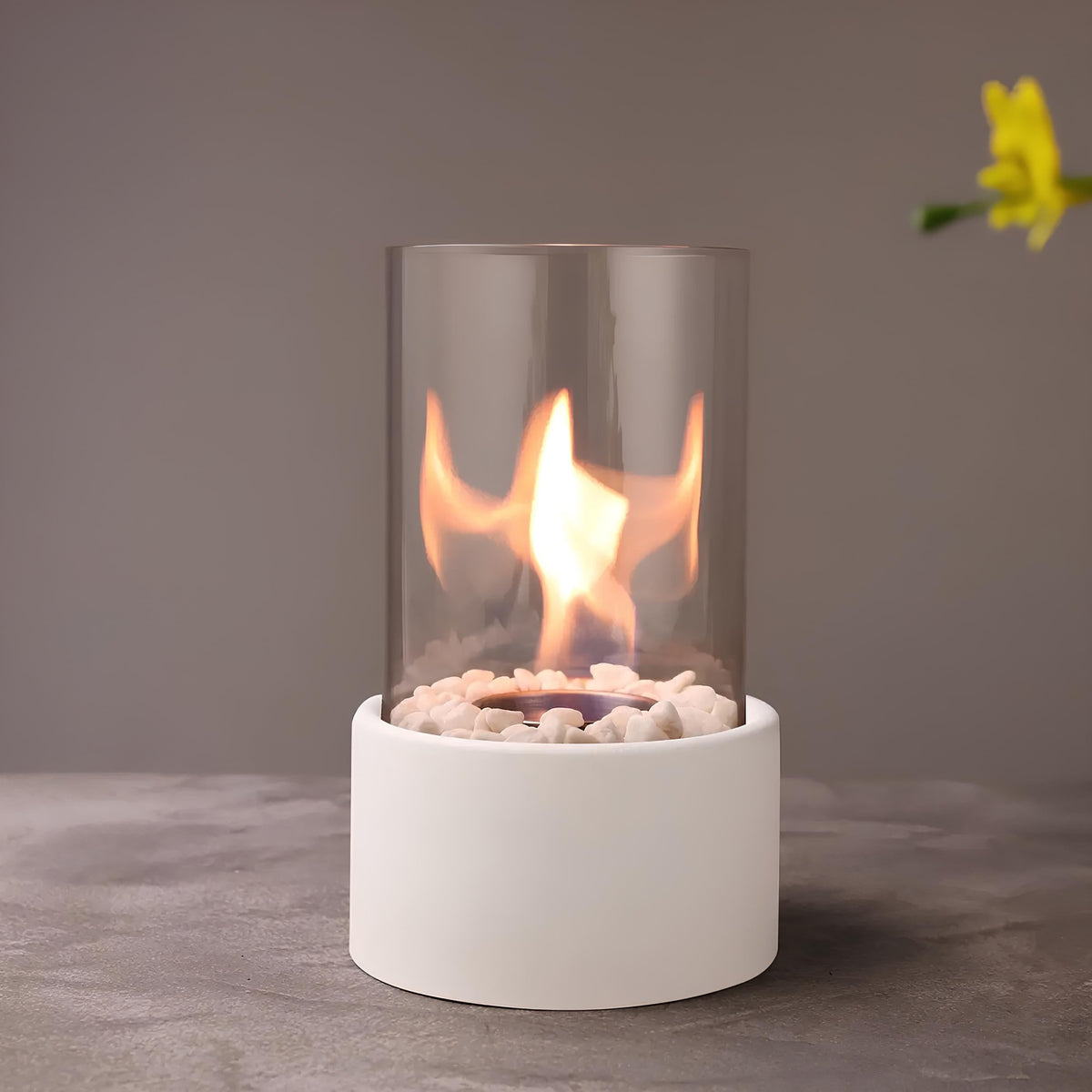 Tabletop Fire Pit Fireplace Bioethanol Glass Cylinder Pebbles Portable Ethanol