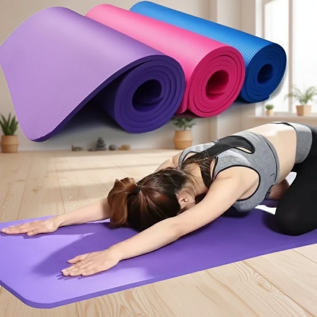 Thick Non-Slip Yoga Mat Exercise with Carrying Strap Ribbed Foam Fitness