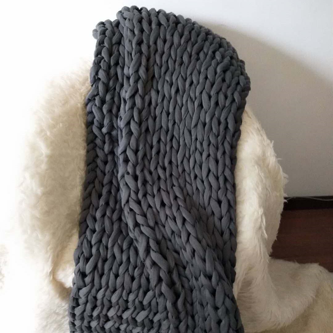 Throw Blanket Weighted Chunky Knit with Hand-Woven Texture and Braided Edges Woven
