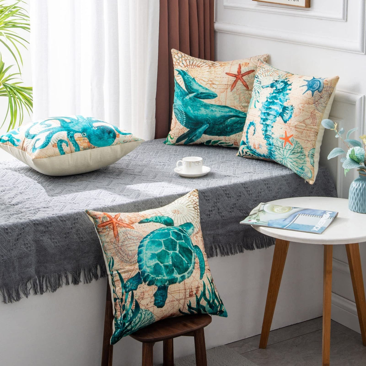 Throw Pillow Covers and Couch Cushion with Decorative Marine Life Prints Square Linen Set of 4