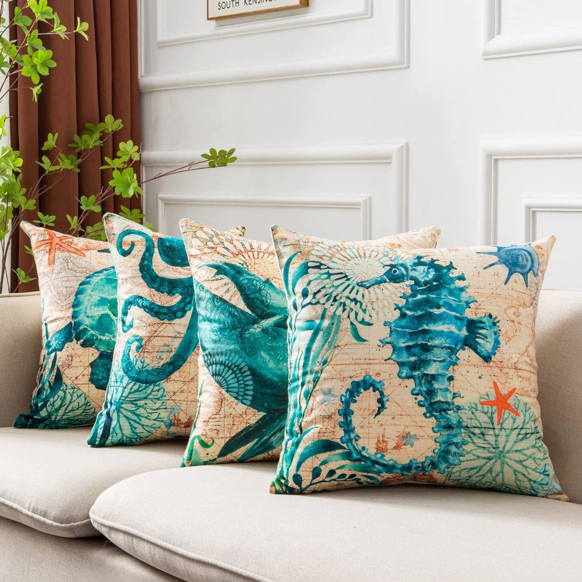 Throw Pillow Covers and Couch Cushion with Decorative Marine Life Prints Square Linen Set of 4