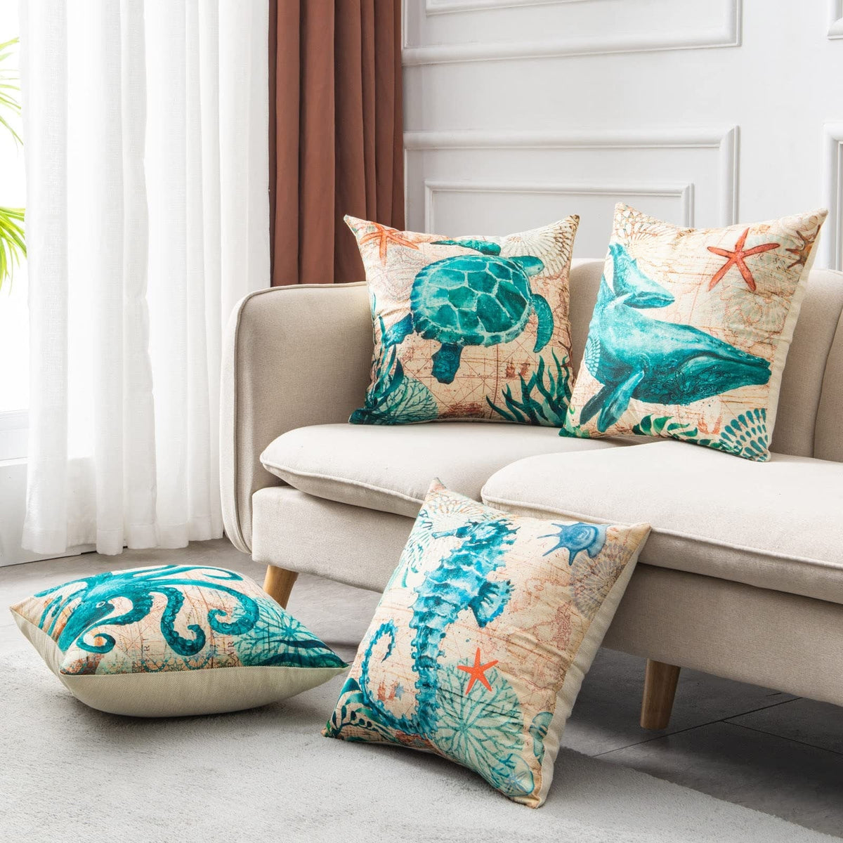Throw Pillow Covers and Couch Cushion with Decorative Marine Life Prints Square Linen Set of 4