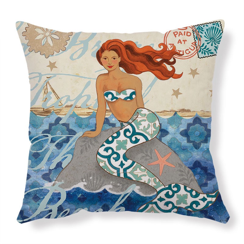 Throw Pillow Covers and Couch Cushion with Decorative Marine Life Prints Square Linen Set of 4
