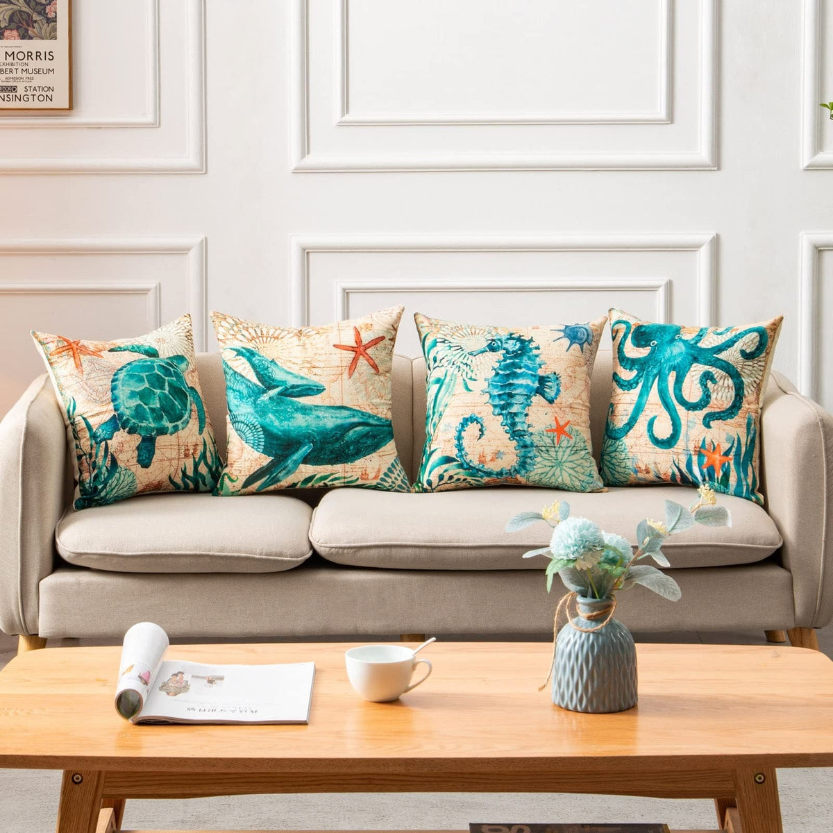 Throw Pillow Covers and Couch Cushion with Decorative Marine Life Prints Square Linen Set of 4