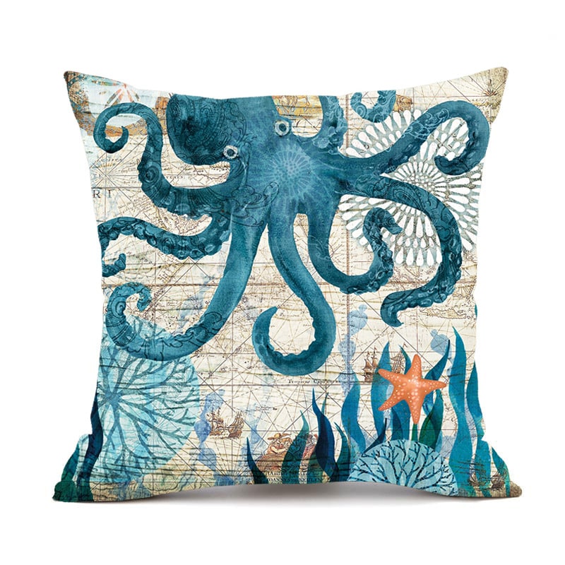 Throw Pillow Covers and Couch Cushion with Decorative Marine Life Prints Square Linen Set of 4