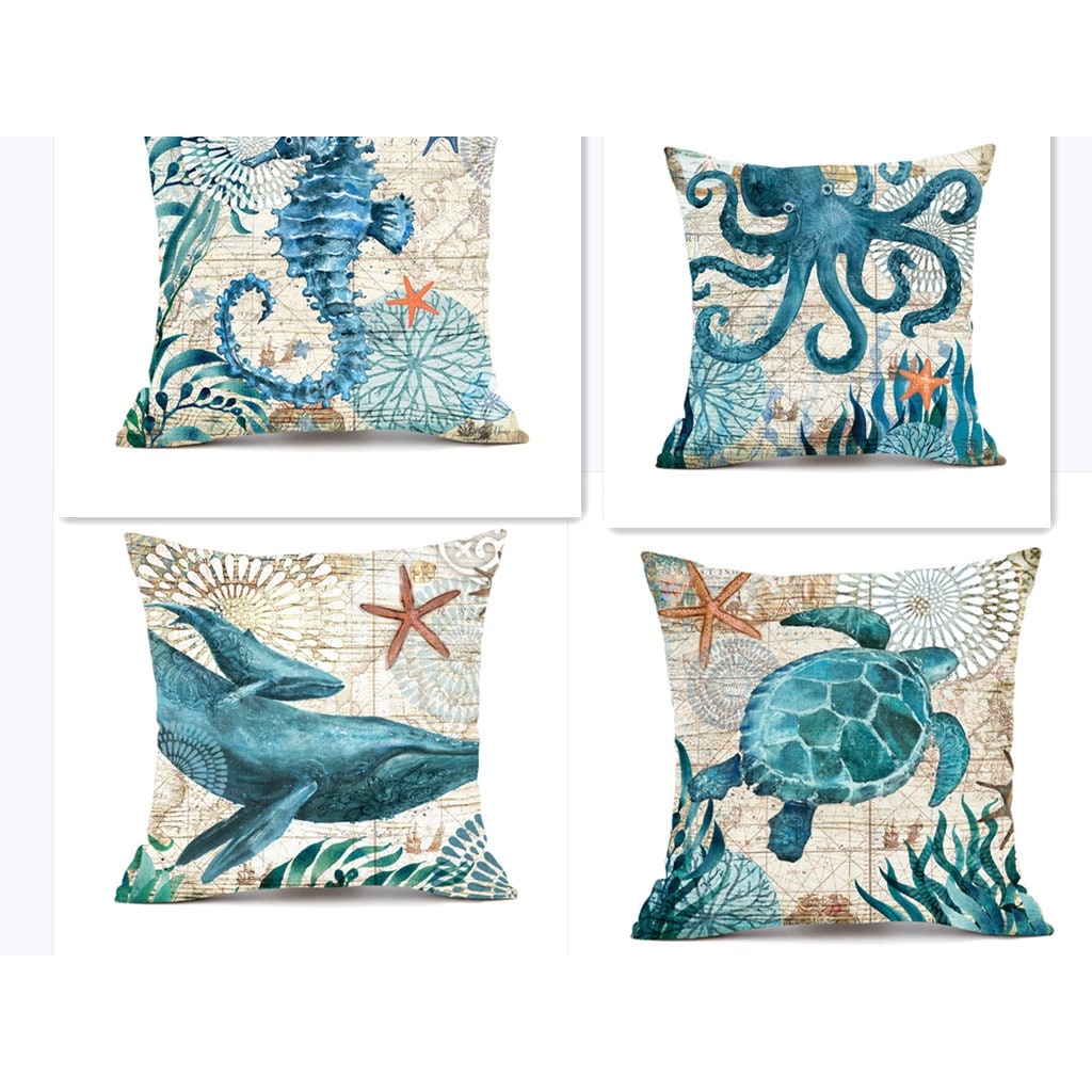 Throw Pillow Covers and Couch Cushion with Decorative Marine Life Prints Square Linen Set of 4