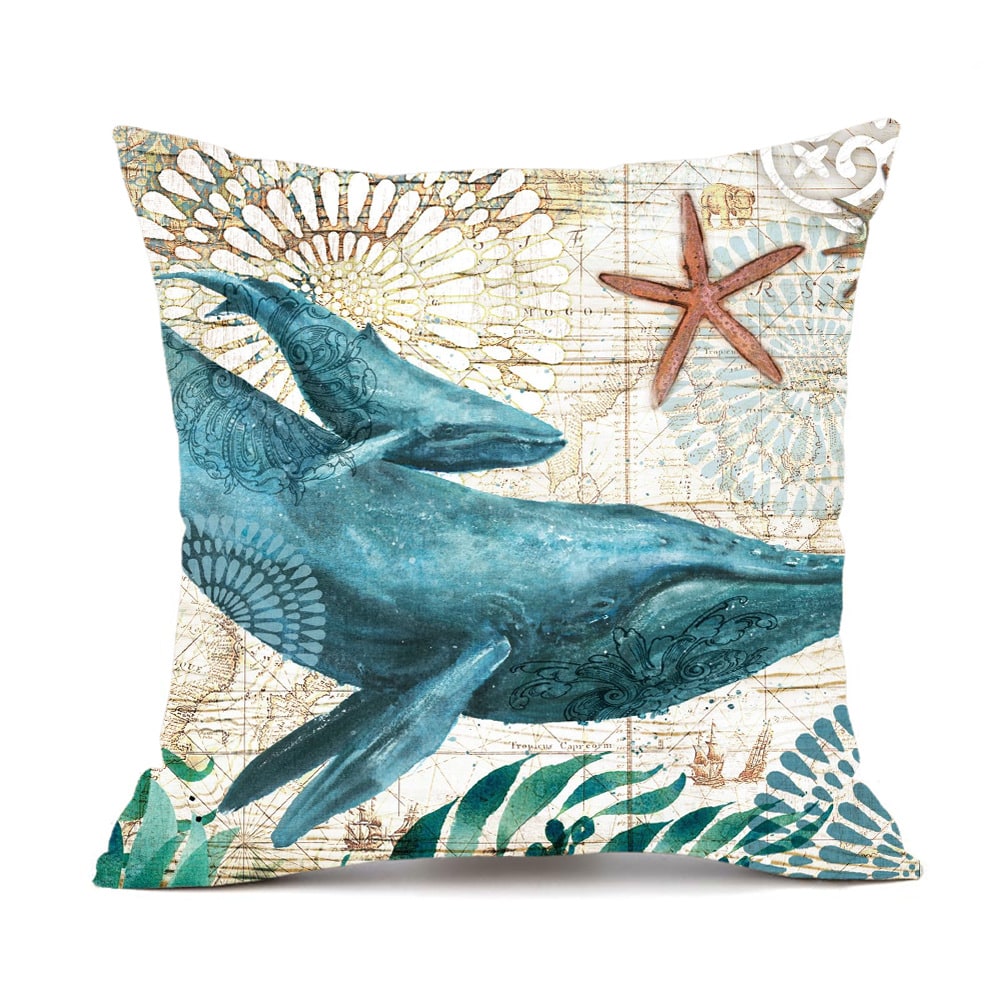 Throw Pillow Covers and Couch Cushion with Decorative Marine Life Prints Square Linen Set of 4