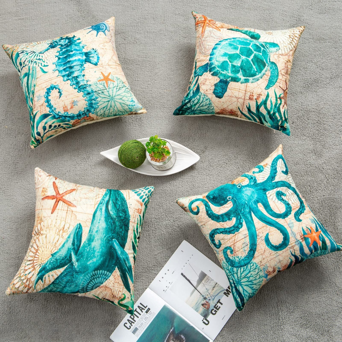 Throw Pillow Covers and Couch Cushion with Decorative Marine Life Prints Square Linen Set of 4