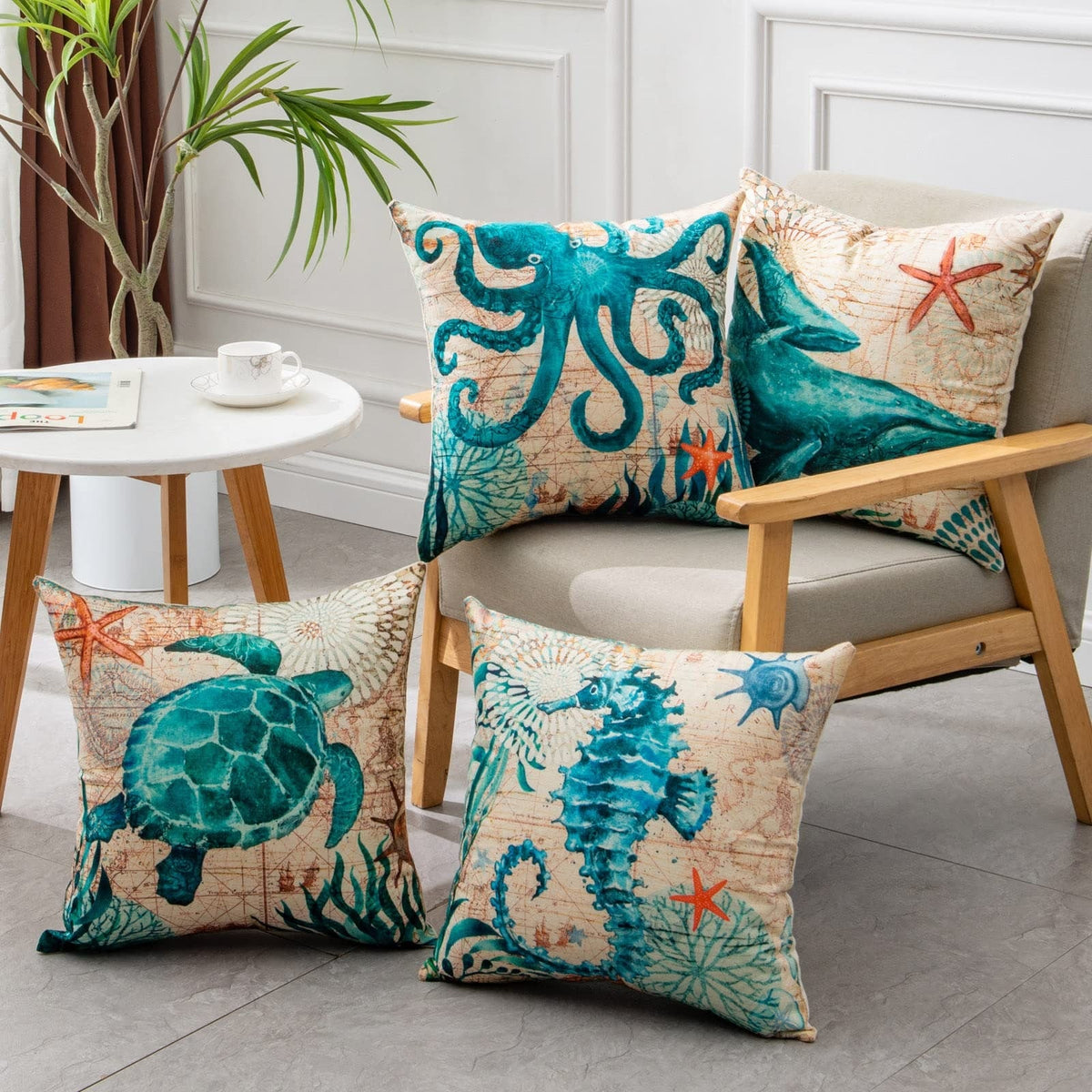 Throw Pillow Covers and Couch Cushion with Decorative Marine Life Prints Square Linen Set of 4