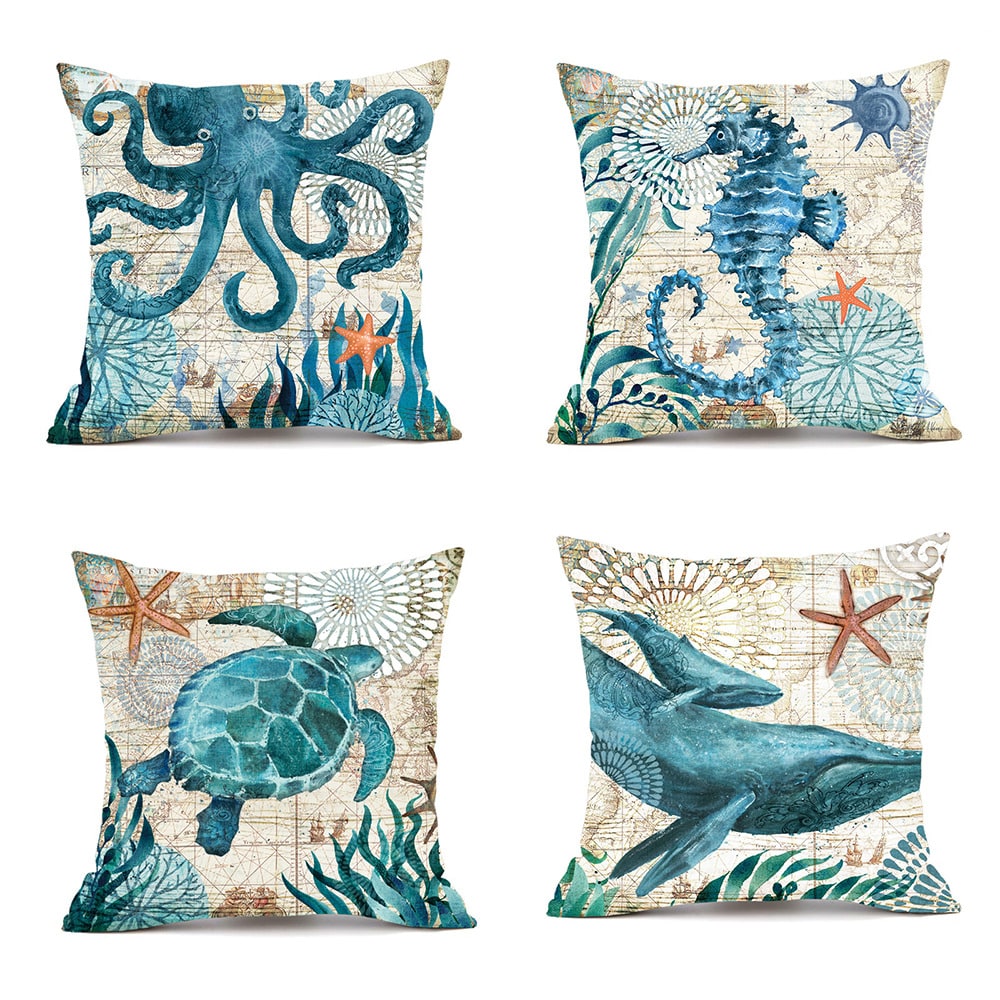 Throw Pillow Covers and Couch Cushion with Decorative Marine Life Prints Square Linen Set of 4