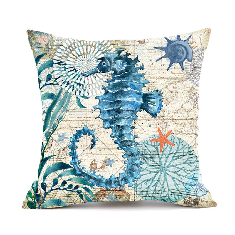 Throw Pillow Covers and Couch Cushion with Decorative Marine Life Prints Square Linen Set of 4