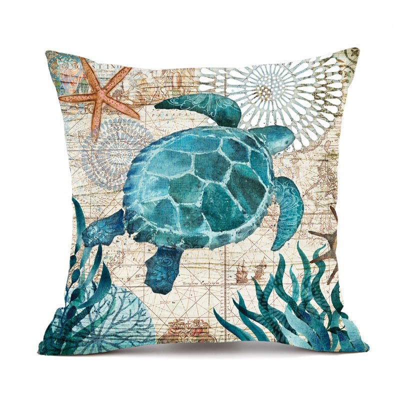 Throw Pillow Covers and Couch Cushion with Decorative Marine Life Prints Square Linen Set of 4