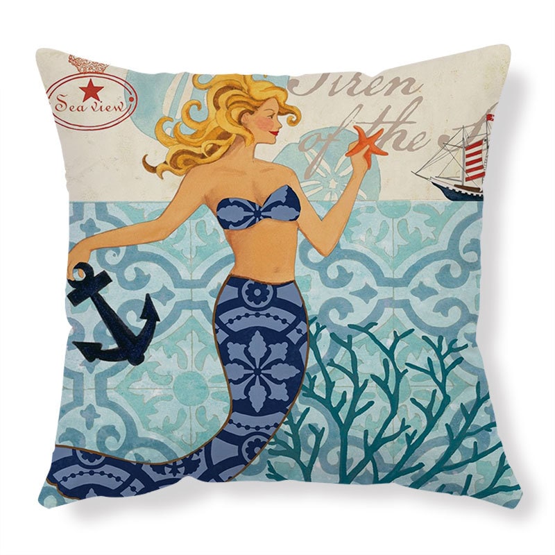 Throw Pillow Covers and Couch Cushion with Decorative Marine Life Prints Square Linen Set of 4