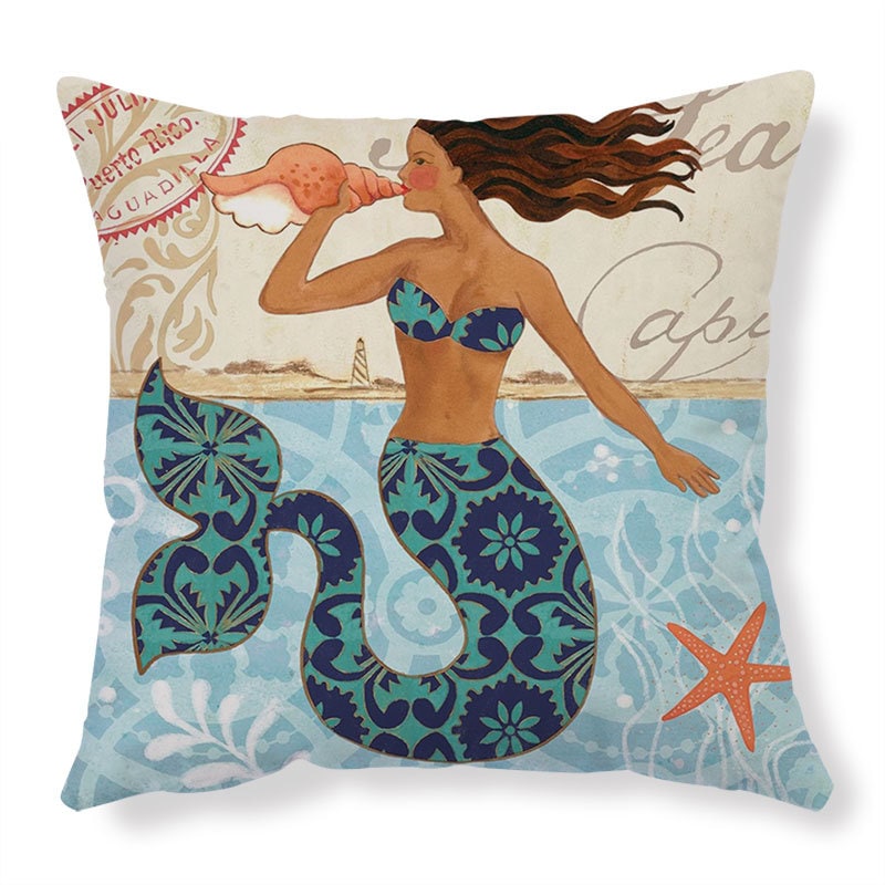 Throw Pillow Covers and Couch Cushion with Decorative Marine Life Prints Square Linen Set of 4