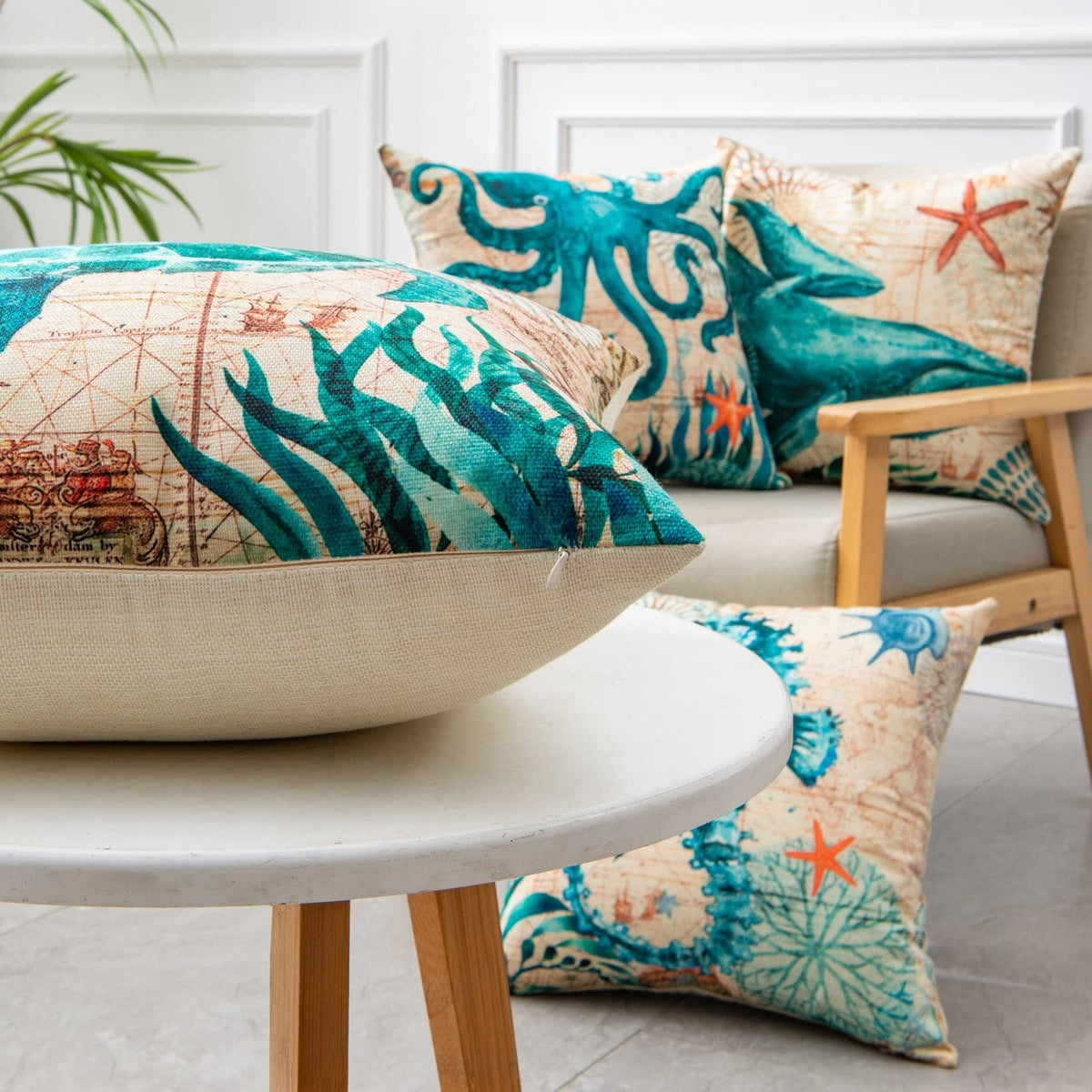 Throw Pillow Covers and Couch Cushion with Decorative Marine Life Prints Square Linen Set of 4