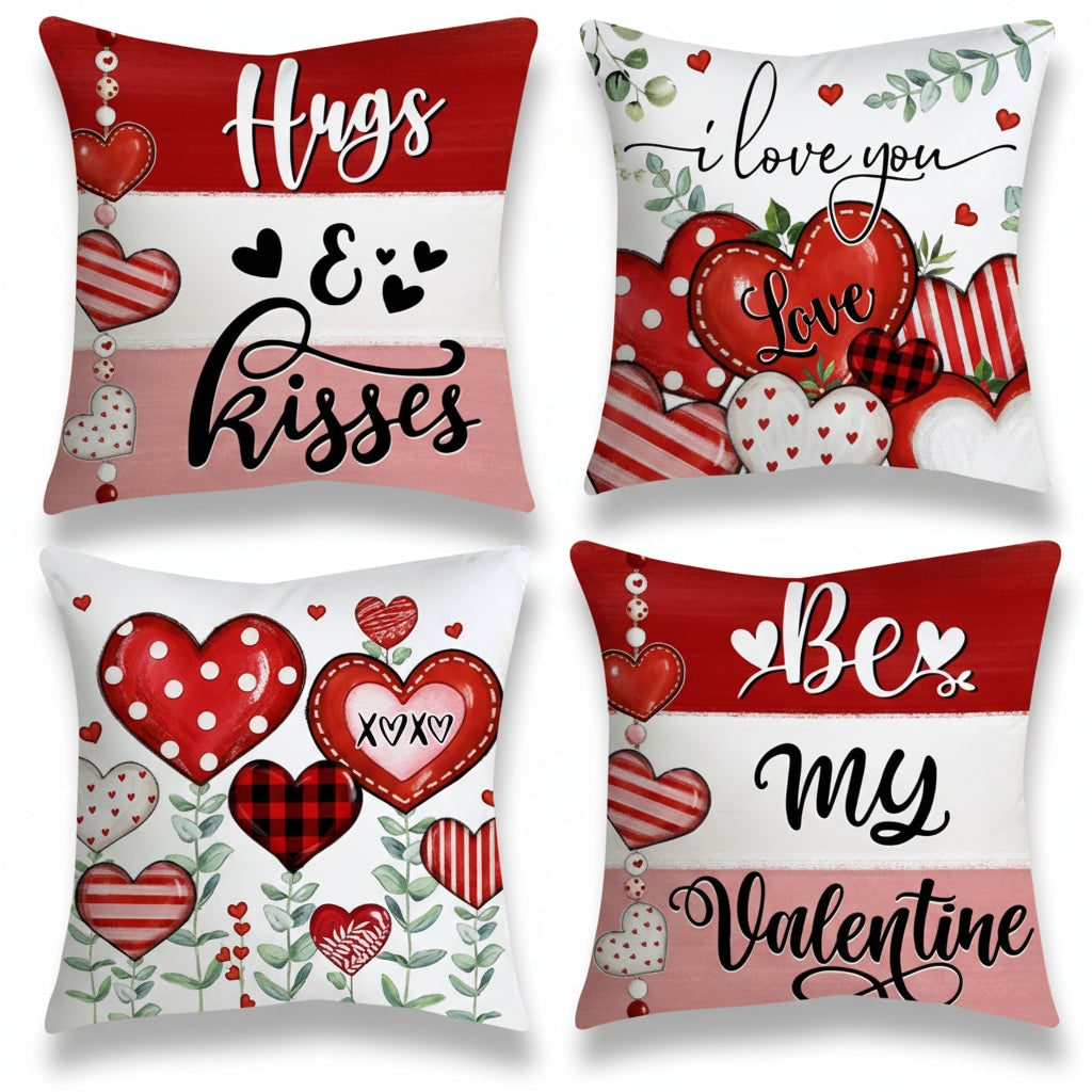 Throw Pillow Covers Decorative Cushion Set of 4 Valentine Heart Print Square