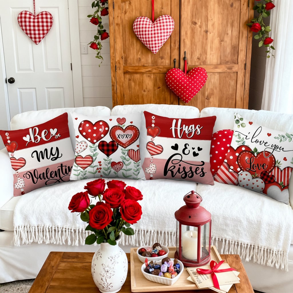 Throw Pillow Covers Decorative Cushion Set of 4 Valentine Heart Print Square