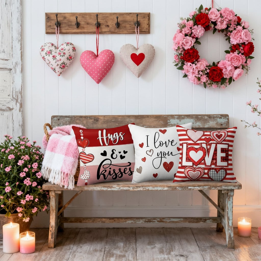 Throw Pillow Covers Decorative Cushion Set of 4 Valentine Heart Print Square