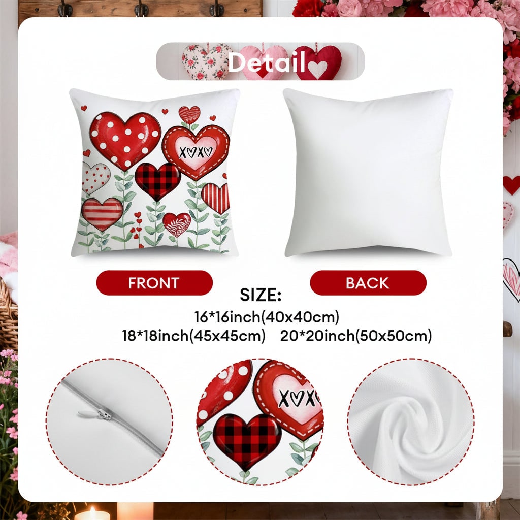 Throw Pillow Covers Decorative Cushion Set of 4 Valentine Heart Print Square