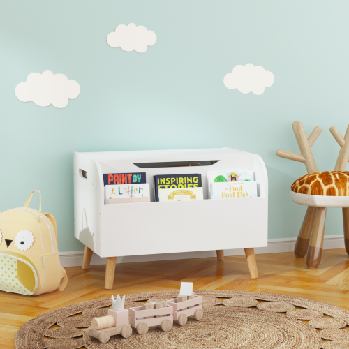 Toy Box Storage Bench with Wooden Organizer Front Bookshelf and Hinged Lid Childrens