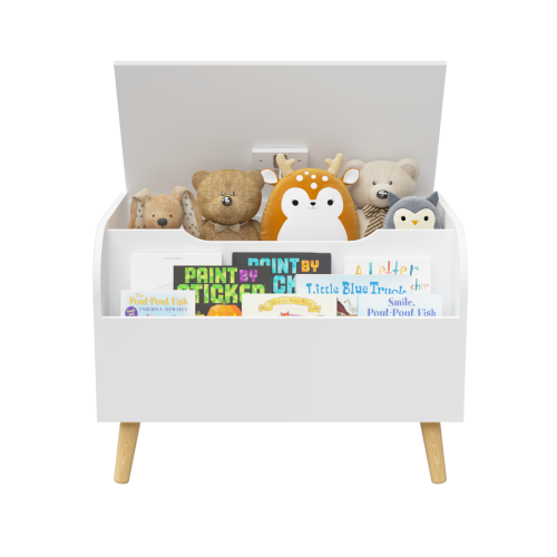 Toy Box Storage Bench with Wooden Organizer Front Bookshelf and Hinged Lid Childrens