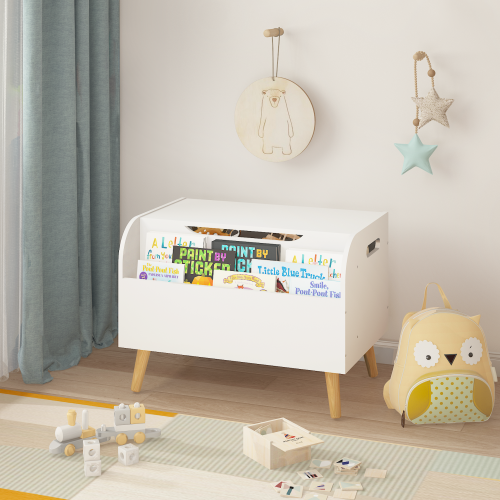 Toy Box Storage Bench with Wooden Organizer Front Bookshelf and Hinged Lid Childrens