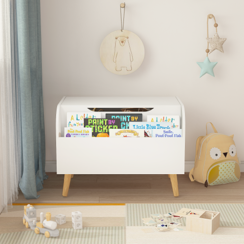 Toy Box Storage Bench with Wooden Organizer Front Bookshelf and Hinged Lid Childrens