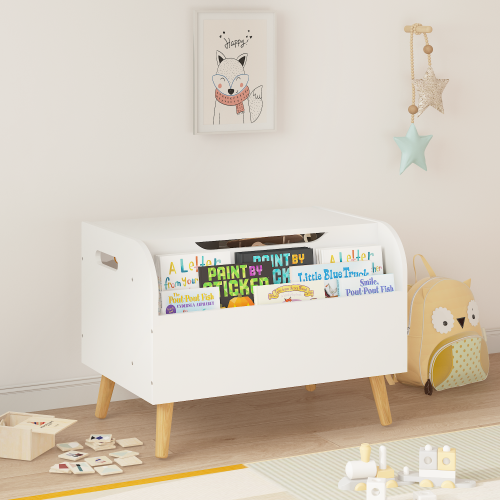 Toy Box Storage Bench with Wooden Organizer Front Bookshelf and Hinged Lid Childrens