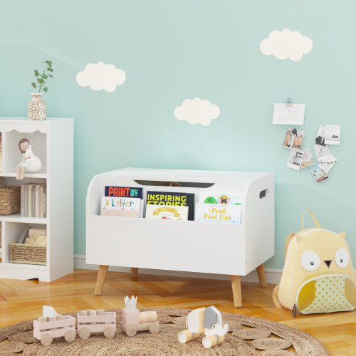 Toy Box Storage Bench with Wooden Organizer Front Bookshelf and Hinged Lid Childrens