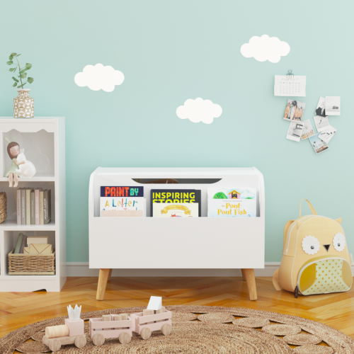 Toy Box Storage Bench with Wooden Organizer Front Bookshelf and Hinged Lid Childrens