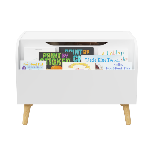 Toy Box Storage Bench with Wooden Organizer Front Bookshelf and Hinged Lid Childrens