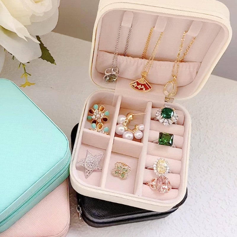 Travel Jewelry Organizer Case with Storage Box Compact Closure and Padded Ring Rolls