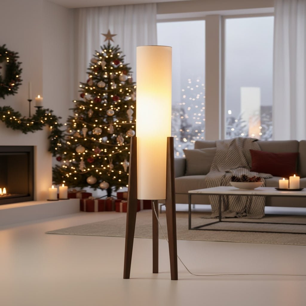 Tripod Floor Lamp with Tall Cylindrical Fabric Shade and Wooden Legs Scandinavian Design 127cm