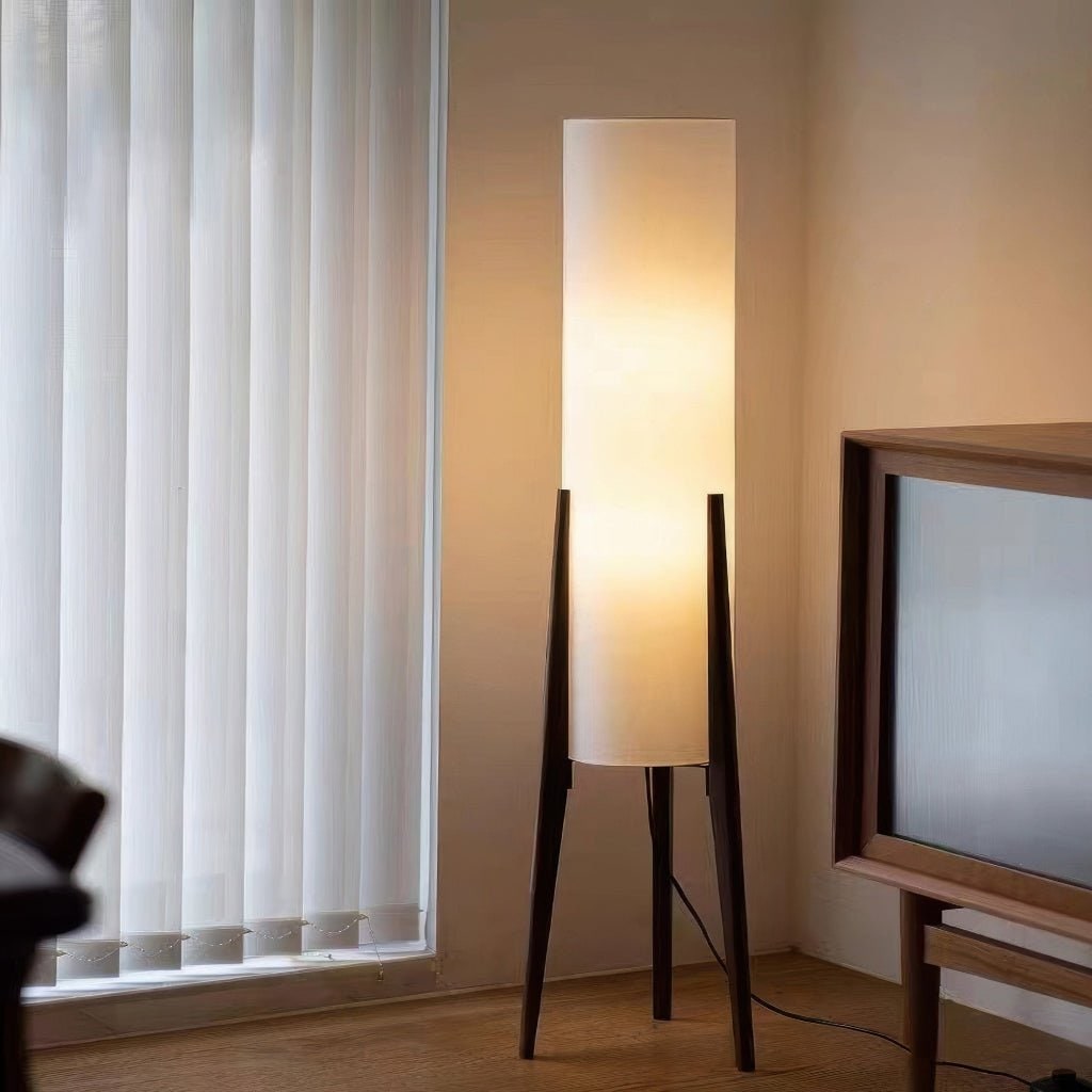 Tripod Floor Lamp with Tall Cylindrical Fabric Shade and Wooden Legs Scandinavian Design 127cm