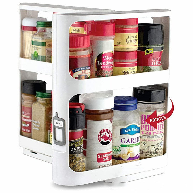 Two-Tier Rotating Spice Rack Organizer for Kitchen Cabinet with Pull-Out Sliding Base