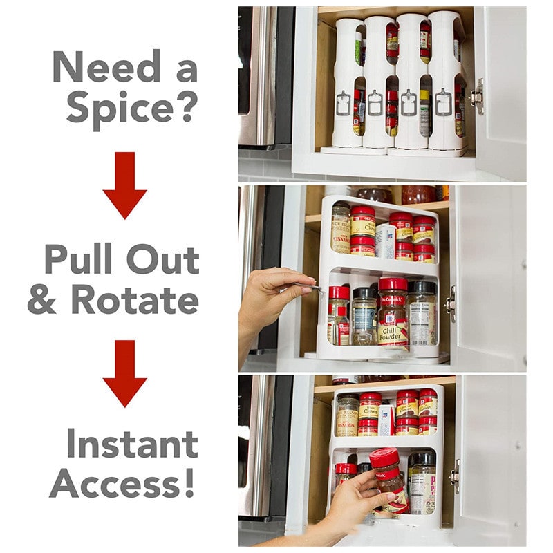 Two-Tier Rotating Spice Rack Organizer for Kitchen Cabinet with Pull-Out Sliding Base